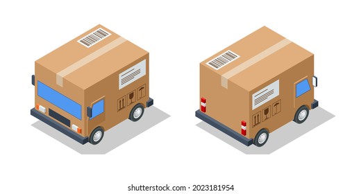 Isometric Small Cargo Delivery Van. Van With Delivery Packages, Delivery Home And Office