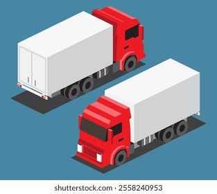 Isometric Small Cargo Truck. Commercial Transport. Logistics. City Object for Infographics. Vector Illustration. Car for Carriage and Delivery of Goods. Front and Back View. Lorry Mock-up Template.