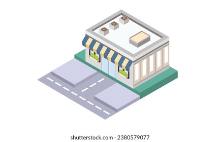 isometric small coffee shop building.on white background.3D design.isometric vector design Illustration.