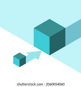 Isometric small cube transforming into big one. Prototyping, development, growth, change and improvement concept. Flat design. EPS 8 vector illustration, no transparency, no gradients
