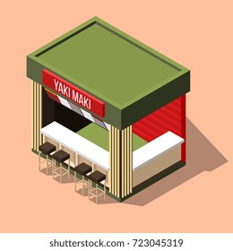 Isometric small empty yaki maki sushi bar on pink background 3d vector illustration