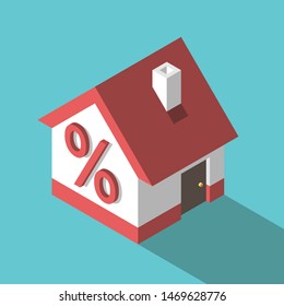 Isometric Small House Or Cottage With Red Percent Sign On Its Wall. Mortgage, Real Estate, Loan And Home Concept. Flat Design. EPS 8 Vector Illustration, No Transparency, No Gradients