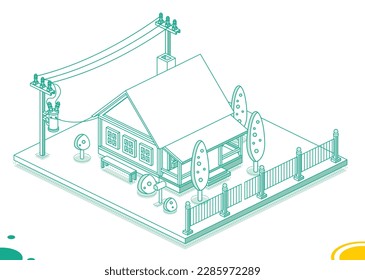 Isometric Small House with Electric Pole and Transformer on It. Electric Energy Distribution Chain. Outline Concept. Vector Illustration.