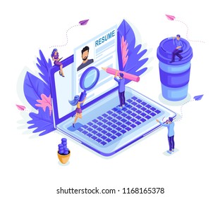 Isometric small people look at the resume together, look for work, recruiting. Can be used for web banner, infographic. Set emotions of characters, isolated background