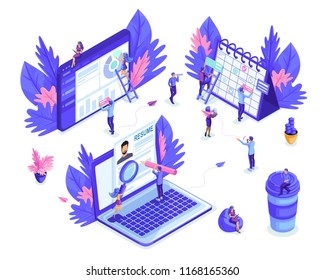 Isometric small people work with tablets, laptop, make planning on the calendar. Job search, recruiting. Reports and analytics. Isolated background