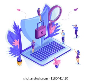 Isometric small people working with a laptop, protecting information from theft, phishing, stealing money, antivirus. Young entrepreneurs. Isolated background.