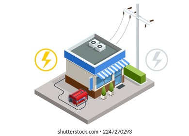 Isometrisches tragbares Benzin-Elektrogenerator außerhalb eines Ladens. Industrie- und Wohnstromerzeuger