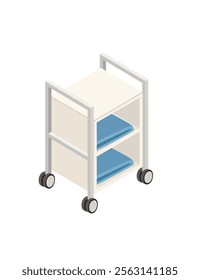 Isometric small rolling cabinet with two storage compartments and folded towels. Designed for healthcare, spas, or beauty centers. Vector illustration isolated on white background.