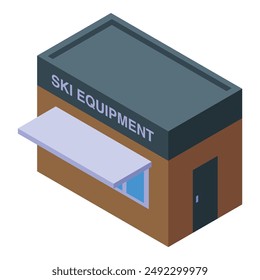 Isometric small ski equipment shop building with signboard