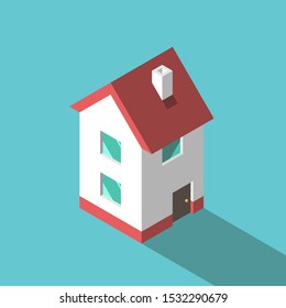 Isometric small two-storeyed house with chimney, white walls and red roof on turquoise blue. Home, real estate and construction concept. Flat design. Vector illustration, no transparency, no gradients