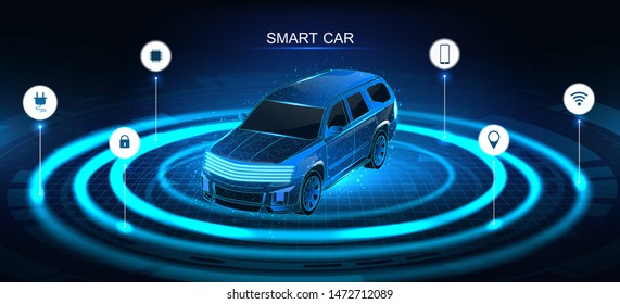 Isometric Smart 3d Crossover. Car Banner, Electric Machine, Vehicle. Smart Jeep Banner With Icons And Machine Benefits. Isometric Autonomous Car Vehicle With Infographic. Intelligent Car Banner. 
