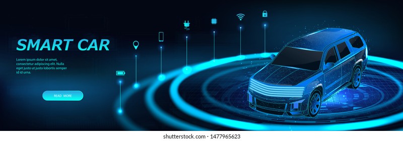 Isometric Smart 3d Crossover. Car Banner, Electric Machine, Vehicle. Smart Auto Banner With Icons And Machine Benefits. Isometric Autonomous Car Vehicle With Infographic. Intelligent Car Banner.