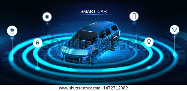 Isometric smart 3d crossover. Car banner, electric\
machine, vehicle. Smart jeep banner with icons and machine\
benefits. Isometric autonomous car vehicle with infographic.\
Intelligent car banner.\
\
