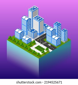 isometric smart blue ultraviolet city at night with lights. The town of the future is futuristic with skyscrapers lanterns streets and houses. 3D illustration.