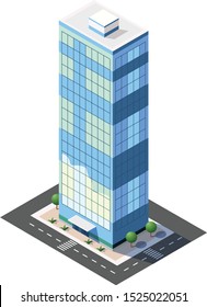 Isometric Smart building on Yard with road ,smart city and 3d,capital , Vector office and metropolis concept.