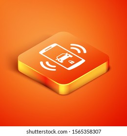 Isometric Smart car alarm system icon isolated on orange background. The smartphone controls the car security on the wireless.  Vector Illustration