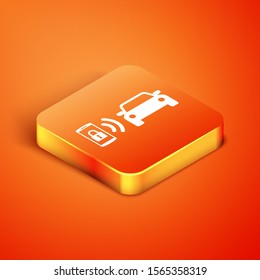Isometric Smart car alarm system icon isolated on orange background. The smartphone controls the car security on the wireless.  Vector Illustration