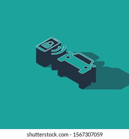 Isometric Smart car alarm system icon isolated on green background. The smartphone controls the car security on the wireless.  Vector Illustration