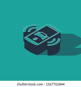 Isometric Smart car alarm system icon isolated on green background. The smartphone controls the car security on the wireless.  Vector Illustration