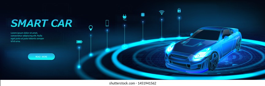 Isometric smart car banner. Autonomous car with icons. Electric machine infographic banner. Futuristic isometric smart car and icons with machine benefits. Intelligent 3D car - vector banner.