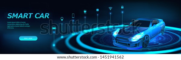 Isometric smart car banner. Autonomous car with\
icons. Electric machine infographic banner. Futuristic isometric\
smart car and icons with machine benefits. Intelligent 3D car -\
vector banner.
