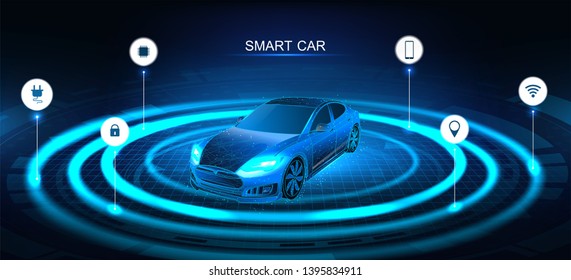 Isometric Smart Car Banner. Electric Machine. Autonomous Car Vehicle With Infographic. Intelligent Car Banner. Futuristic Isometric Smart Car And Icons With Machine Benefits. Vector Illustration