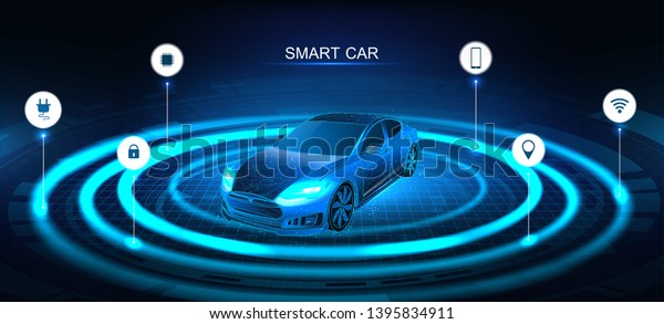 Isometric smart car banner. Electric\
machine. Autonomous car vehicle with infographic. Intelligent car\
banner. Futuristic isometric smart car and icons with machine\
benefits. Vector\
illustration