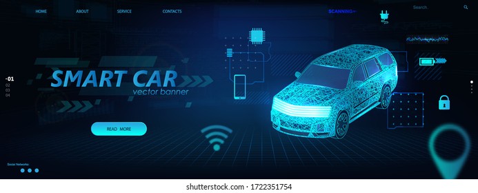 Isometric Smart Car hologram in polygonal style with HUD elements and icons. Smart Auto Ai. Electric auto, wireframe in line in the form of a starry sky or space. Virtual graphic interface HUD. Vector