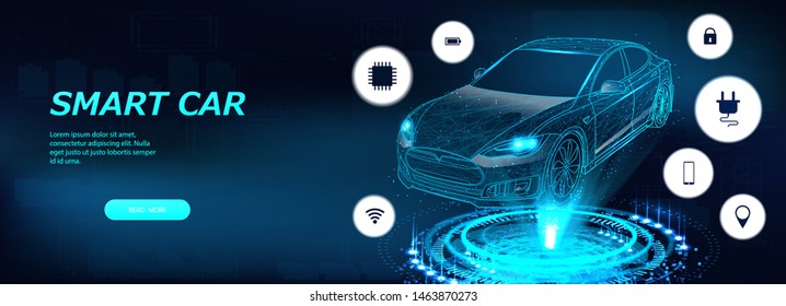 Isometric Smart Car Illustration. IoT Electric Machine. Autonomous Car Vehicle With Icons Infographic. Intelligent Car Banner. Futuristic Isometric Smart Auto And Icons With Machine Benefits. Vector 