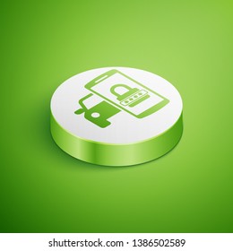 Isometric Smart car security system icon isolated on green background. The smartphone controls the car security on the wireless. White circle button. Vector Illustration