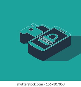 Isometric Smart car security system icon isolated on green background. The smartphone controls the car security on the wireless.  Vector Illustration