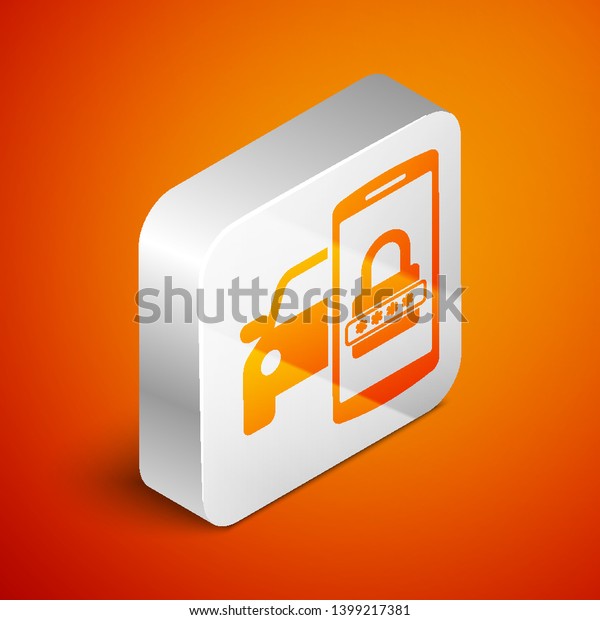 Isometric Smart car security\
system icon isolated on orange background. The smartphone controls\
the car security on the wireless. Silver square button. Vector\
Illustration