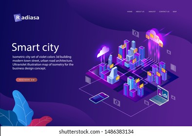 Isometric smart city, 3d building modern town street, urban road architecture. illustration map of isometric for the business design concept.