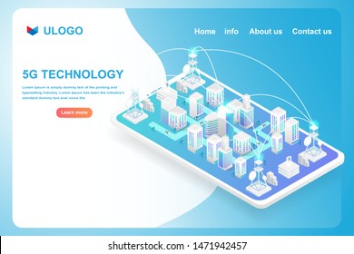 Isometric smart city and 5G technology  network on smartphone. Vector illustration in 3d design.