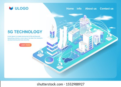 Isometric smart city and 5G technology info graph network on smartphone. Vector illustration in 3d design.