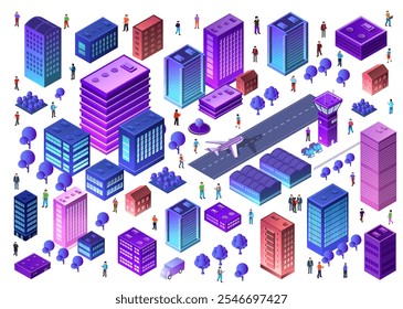 Isometric smart city with airport, airplane taking off, office buildings, houses, trees and citizens moving around