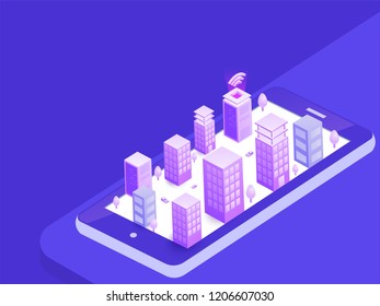 Isometric smart city archtecture on smartphone screen for futuristic technology, smart building concept.