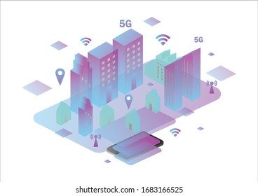 isometric smart city building on smartphone illustration vector, future city design.