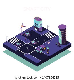 Isometric smart city composition with view of futuristic street with modern buildings and electric cars vehicles vector illustration