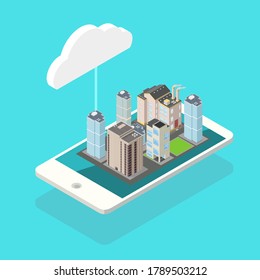 Isometric Smart City conectada a la nube - Ilustración de iconos vectores