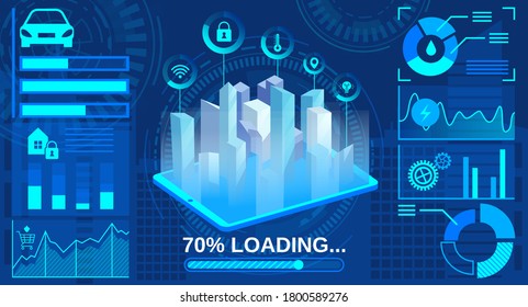 Isometric smart city construction project vector illustration. Cartoon blue abstract modern cityscape, futuristic engineer smart interface concept for constructing industry or tech future renovation