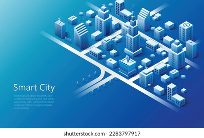 Isometric smart city design concept. Business center with skyscrapers and intelligent buildings.