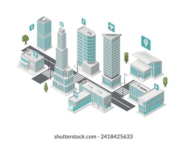 Isometric smart city, digital suburb with free internet and navigation system. Technologies in town, modern urban skyscrapers, flawless vector concept