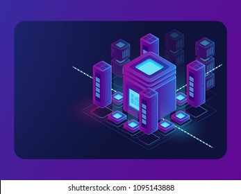 Isometric Smart City, Digital Town, Server Room, Big Data Flow Processing, Data Center And Database Warehouse, Cloud Storage Vector Dark Ultra Violet Neon