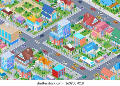 Isometric Smart city District with different Buildings Flat vector illustration. Houses Cottages Administrative Architecture with street cars trees.