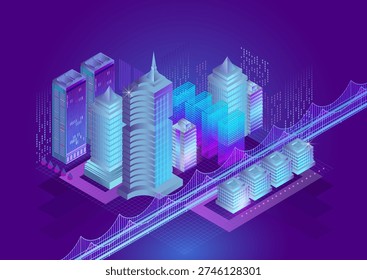 Isometric smart city with glowing buildings. Neon bridge and digital grid lines. Futuristic cyberpunk skyline and ambient light. Stylized vector for urban tech, innovation, and smart infrastructure.
