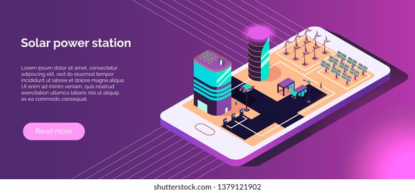Isometric smart city horizontal banner with text and images of alternative power sources on smartphone screen vector illustration