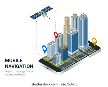 Isometric Smart City or Mobile navigation concept. Mobile gps navigation and tracking concept. Smartphone with city-map path and location mark on the screen.