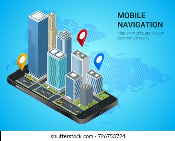 Isometric Smart City or Mobile navigation concept. Mobile gps navigation and tracking concept. Smartphone with city-map path and location mark on the screen.