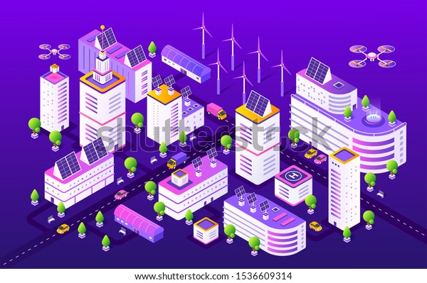 Isometric smart city. Modern futuristic neon
town structure, gradient transport and buildings. Vector
illustrations colourful night future urban object concept and
innovation
technology